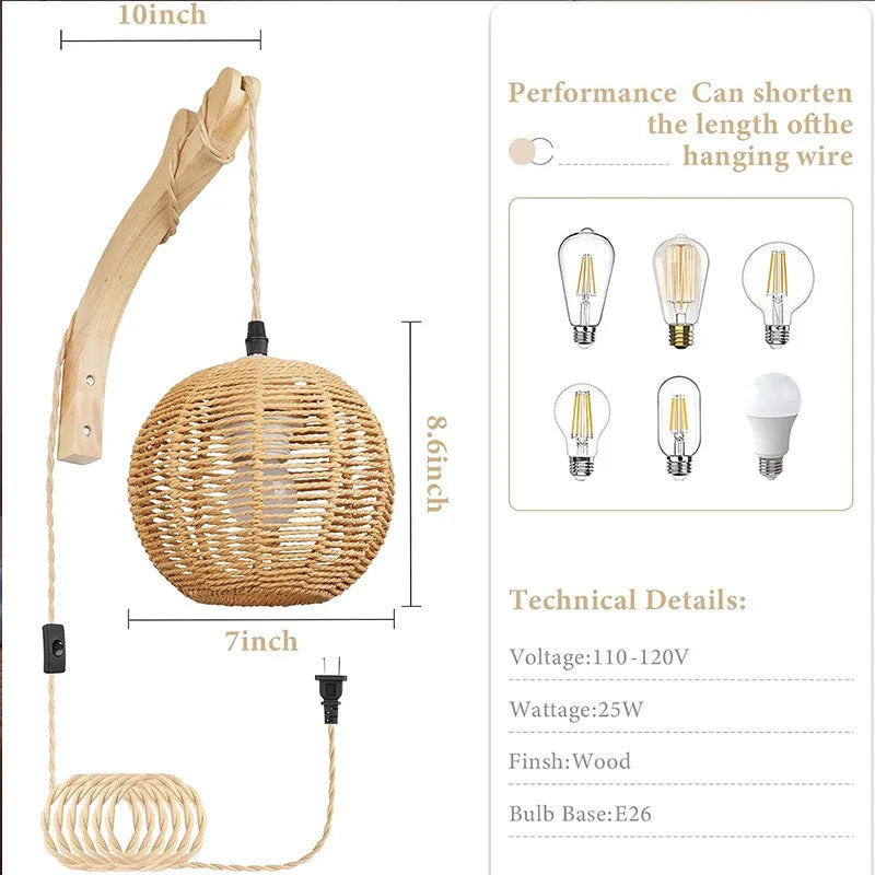Bamboo Lantern Wall Lamp Natural Rattan Wicker E27 Chandeliers Hand-Woven Bamboo Room Decor Lampshades Wall Light Fixtures