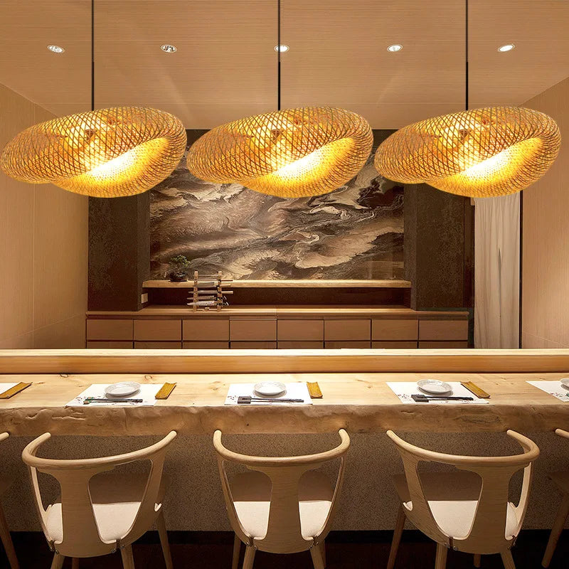 HandMade Vintage Bamboo Weaving LED Pendant Light Home Hanging Chandelier Lighting Living Room Kitchen Rattan Woven Lamp