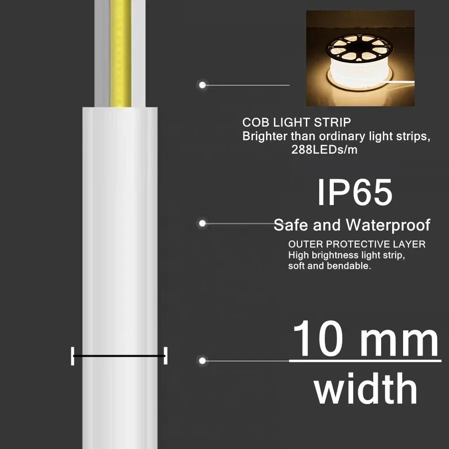 1-30M COB LED Lamp Strip 288LEDs/m RA90 Outdoor IP65 Waterproof Switch/Dimmable Power EU Plu...