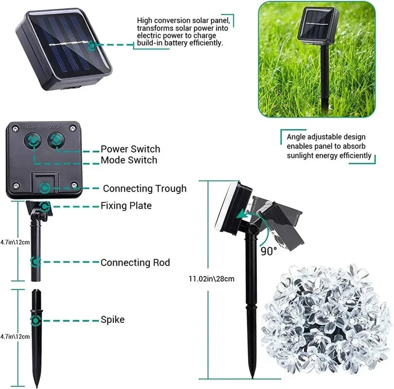 Solar Cherry Garden Blossom Flower Lights Garlands String Lights Solar Outdoor Waterproof Lawn Pathway Christmas Decoration Lamp