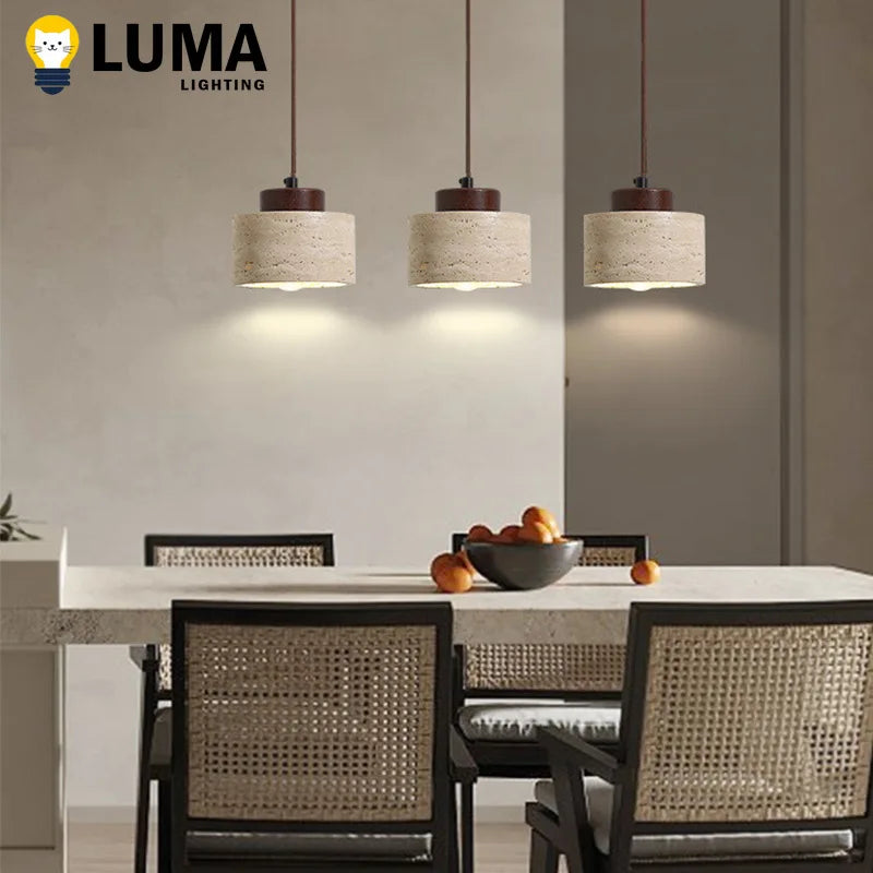Japanese Wabi-Sabi Stone Pendant Light, LED Yellow Travertine Hanging Lamp for Bedroom Bedside Kitchen Island Dining Room Decor