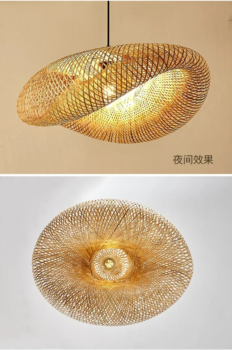 Bamboo Hand Weaving Pendant Lights 38cm Hanging LED Ceiling Lamp Chandelier Fixture Rattan Hand Craft Woven Home Bedroom Decor