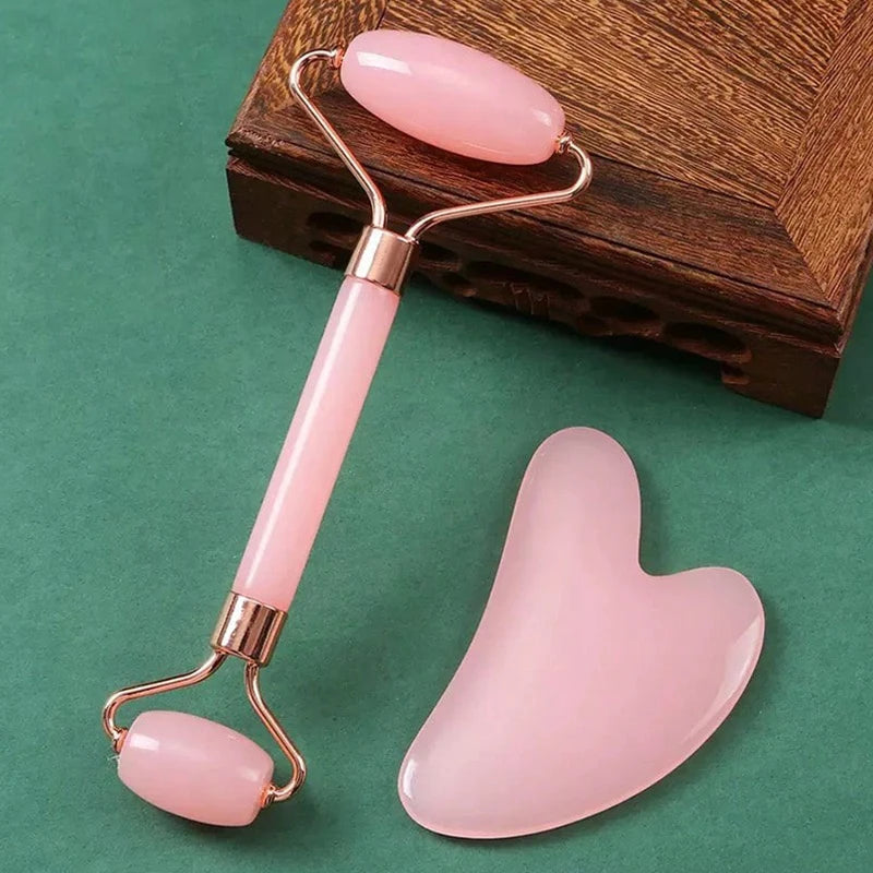 2pcs Facial Roller Scraping Board Set Facial Skincare Massager Kit Heart-shaped Gua Sha Board Salon Beauty Tool