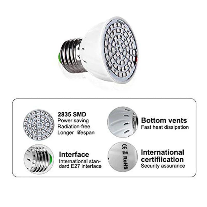 LED Grow Light Bulb E27 220V Full Spectrum 60/80LED Plant Lamp for Indoor Garden Seedling Greenho...