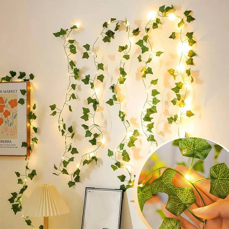 2/10M Silk Leaves Fake Creeper Green Leaf Ivy LED String Lights Home Decor Hanging Garland Artifi...