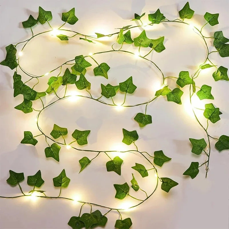 2/10M Silk Leaves Fake Creeper Green Leaf Ivy LED String Lights Home Decor Hanging Garland Artifi...