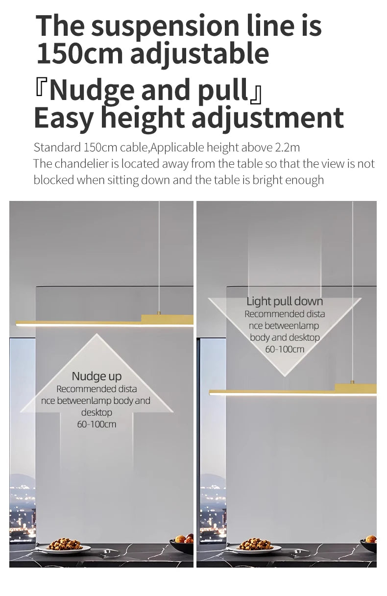 Modern Minimalist LED Pendant Light for Dining Room Adjustable Linear Chandelier in Gold Dimmable Hanging Lamp Fixture for Home
