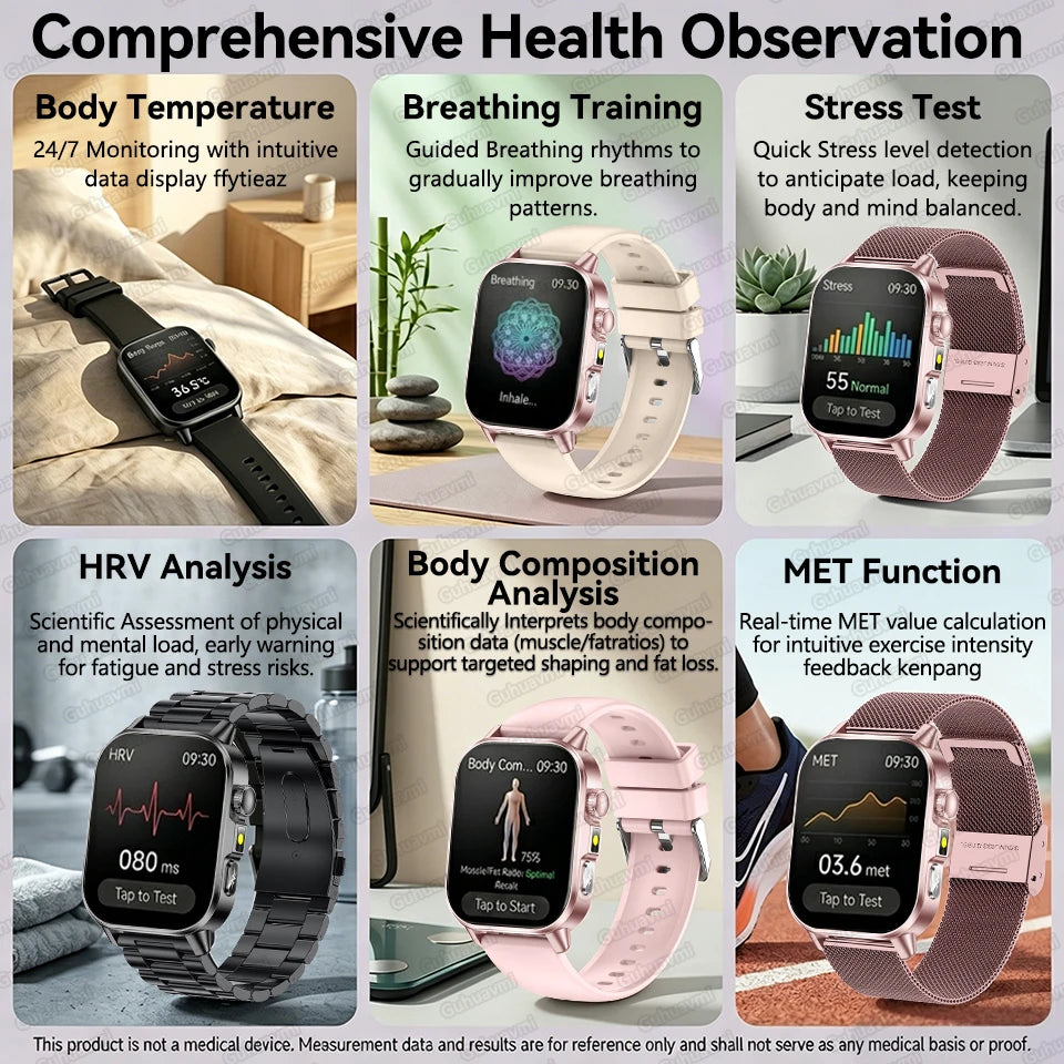 New Professional Health Watch Blood Pressure 2.01"AMOLED Screen Uric Acid Blood Lipids Flashlight Care Smart Watches for Women