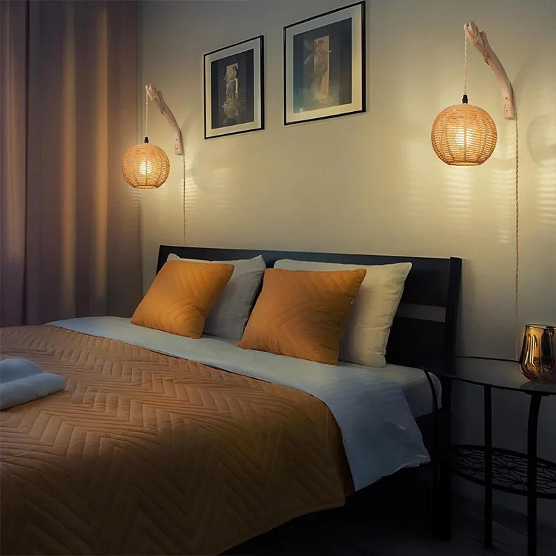 Bamboo Lantern Wall Lamp Natural Rattan Wicker E27 Chandeliers Hand-Woven Bamboo Room Decor Lampshades Wall Light Fixtures