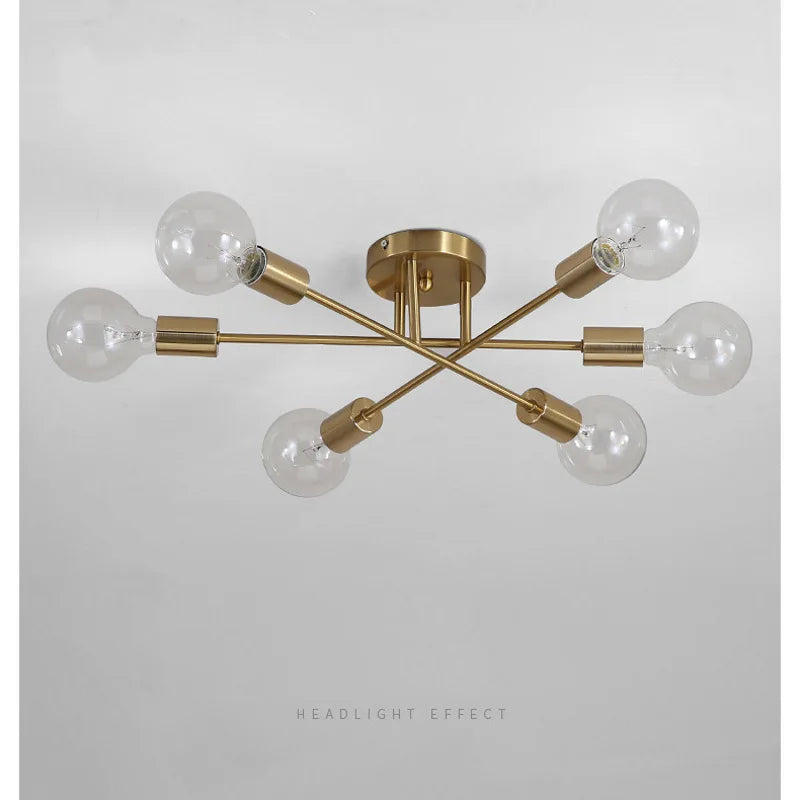 Dropshipping Modern Sputnik Chandelier Nordic Semi Flush Mount Ceiling Lamp Brushed Antique Gold Home Decor Lighting Fixture