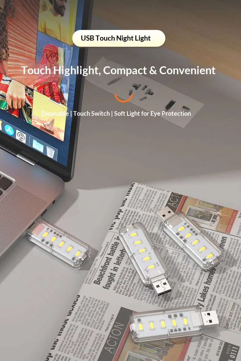 10LEDs USB Touch Dimming Night Light 5V Portable 3000K/6500K Bulb for Bedroom Study PC Laptop Mob...