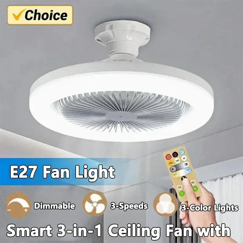Smart 3-in-1 Ceiling Fan with Remote Control and 3-Speed E27 Lighting Base for Bedroom and Living...