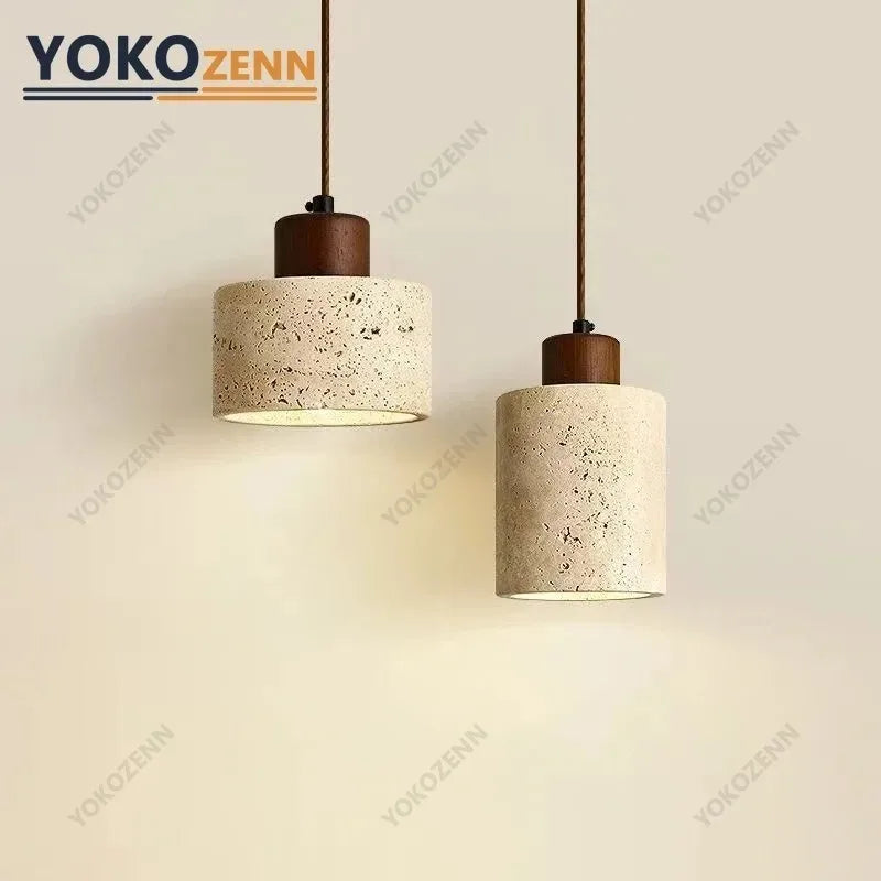 YOKO Wabi-Sabi Yellow Travertine Pendant Light, Japanese Cave Stone for Kitchen Island Restaurant Bedroom Bedside Home Decor