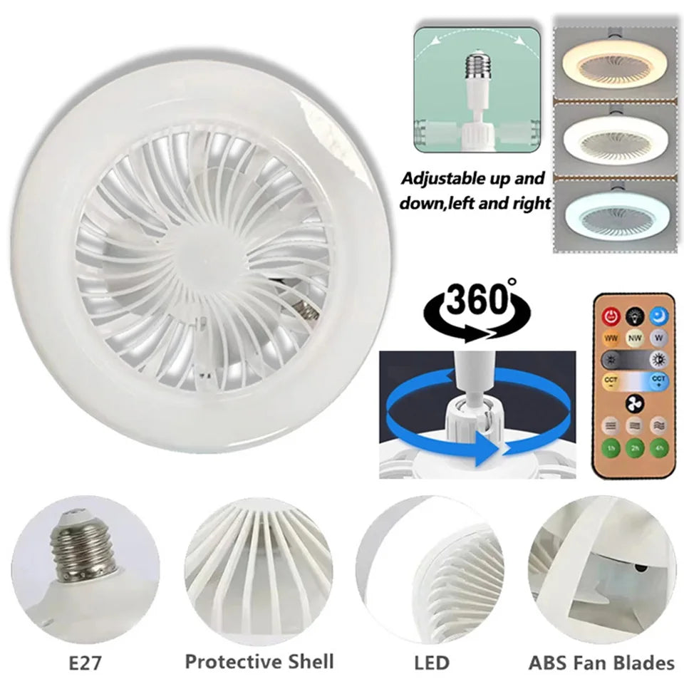 2-in-1 E27 Socket Fan Light Remote Control 85-265V Energy Saving Silent LED Ceiling Fan for Bedro...