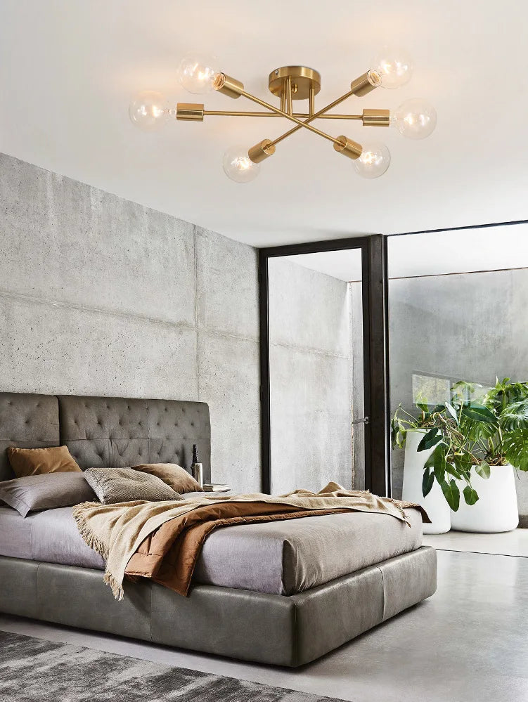 Dropshipping Modern Sputnik Chandelier Nordic Semi Flush Mount Ceiling Lamp Brushed Antique Gold Home Decor Lighting Fixture
