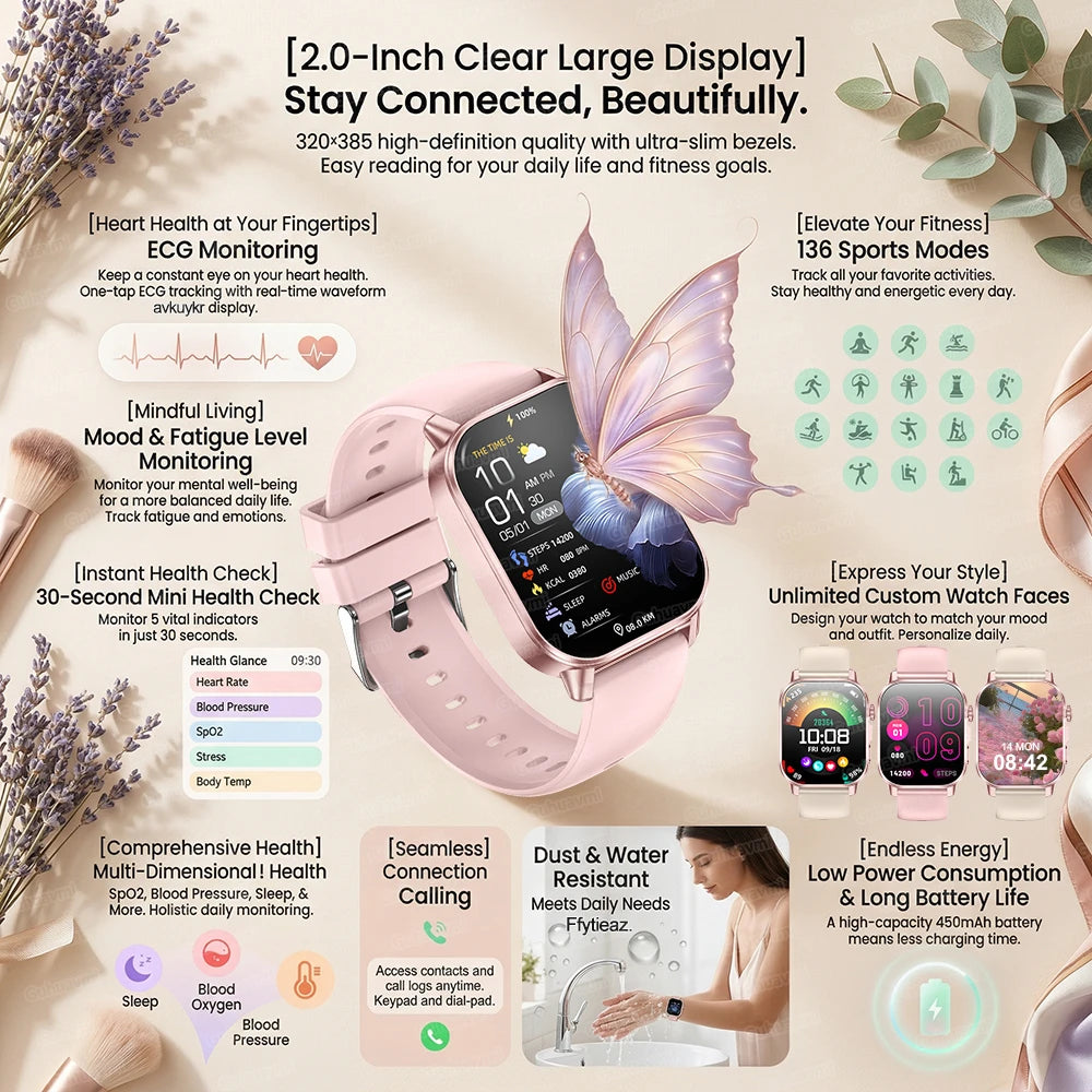 2026 Fashion Health Smart Watch Women 2.0"AMOLED ECG Physical Examination Fat Uric Acid Heart Rate BT Call Smartwatch For Ladies