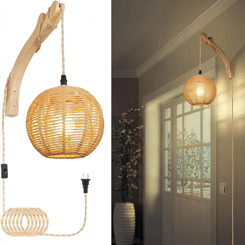 Bamboo Lantern Wall Lamp Natural Rattan Wicker E27 Chandeliers Hand-Woven Bamboo Room Decor Lampshades Wall Light Fixtures