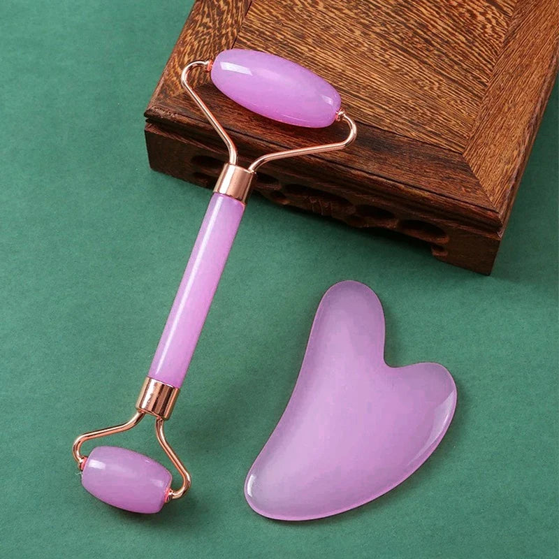 2pcs Facial Roller Scraping Board Set Facial Skincare Massager Kit Heart-shaped Gua Sha Board Salon Beauty Tool