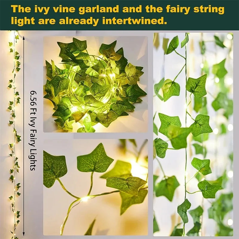 2/10M Silk Leaves Fake Creeper Green Leaf Ivy LED String Lights Home Decor Hanging Garland Artifi...