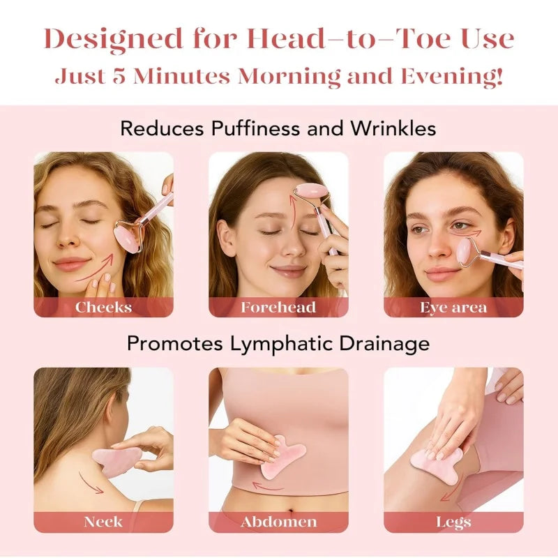 2pcs Facial Roller Scraping Board Set Facial Skincare Massager Kit Heart-shaped Gua Sha Board Salon Beauty Tool