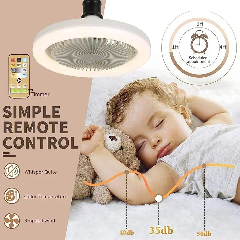 Smart 3-in-1 Ceiling Fan with Remote Control and 3-Speed E27 Lighting Base for Bedroom and Living...