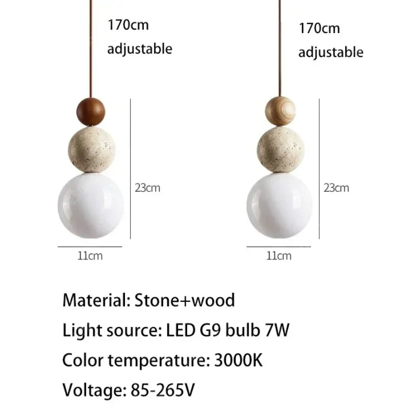 Luma Cream Style Yellow Travertine Pendant Lights, Nature Stone Wood Hanging Lamps for Bedroom Bedside Restaurant Kitchen Island