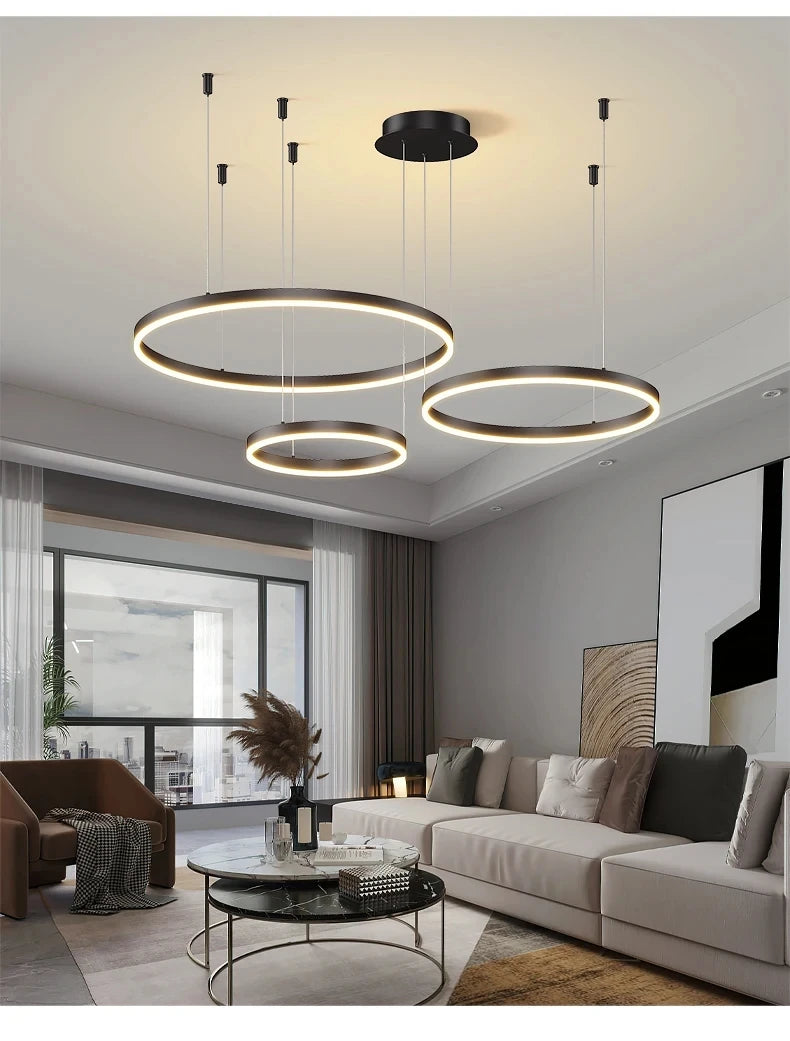 Modern LED Home Deco Chandelier Ring Light Circle Fixtures For Home Living Ceiling Pendant Lamp Gold Black Coffee Hanging Lamp