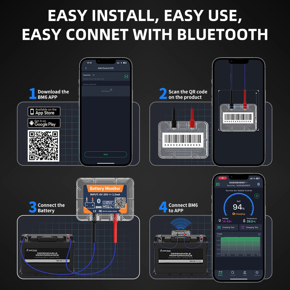 QUICKLYNKS BM6 12V Battery Monitory Wireless Bluetooth Car Battery Health Check APP Monitoring Battery Tester For Android IOS