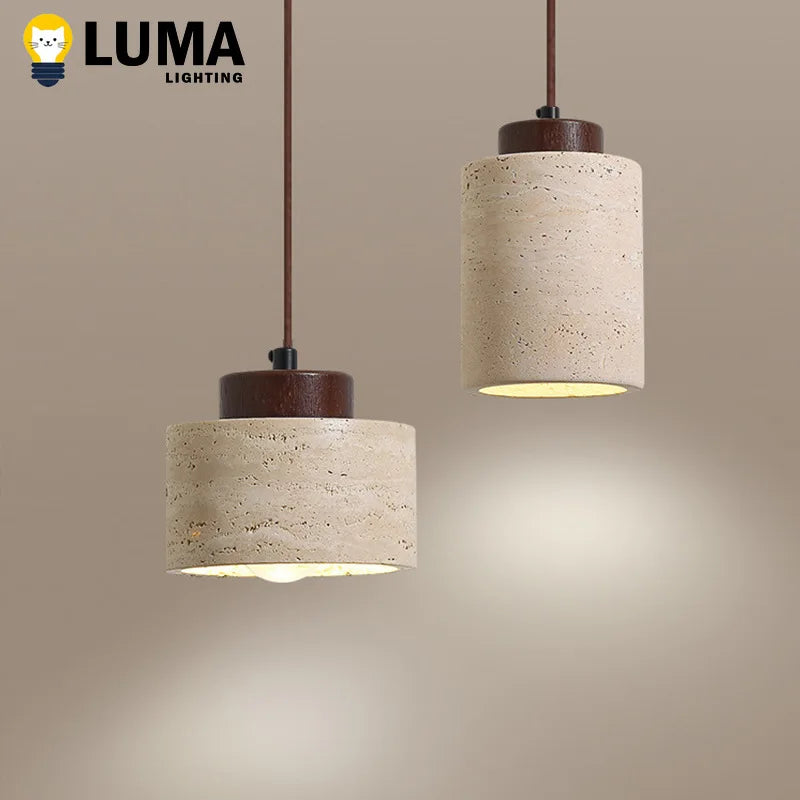 Japanese Wabi-Sabi Stone Pendant Light, LED Yellow Travertine Hanging Lamp for Bedroom Bedside Kitchen Island Dining Room Decor