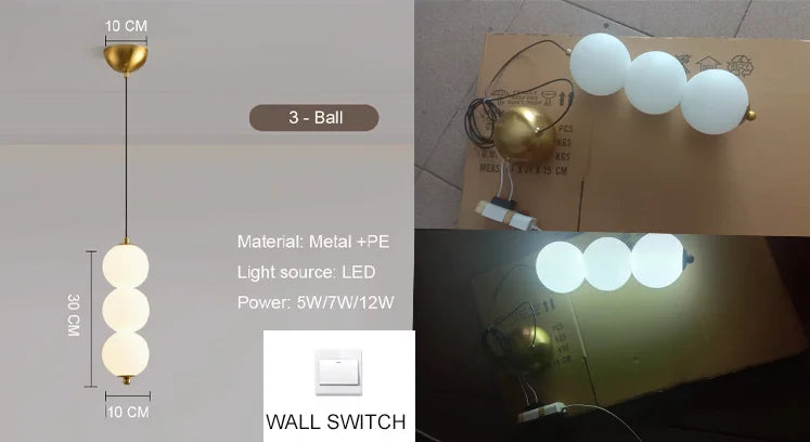 Bedside Pendant Lights for Bedroom Nordic 4 Ball Pendant Lamp for TV Background Kitchen Island Restaurant Dinning Roo...
