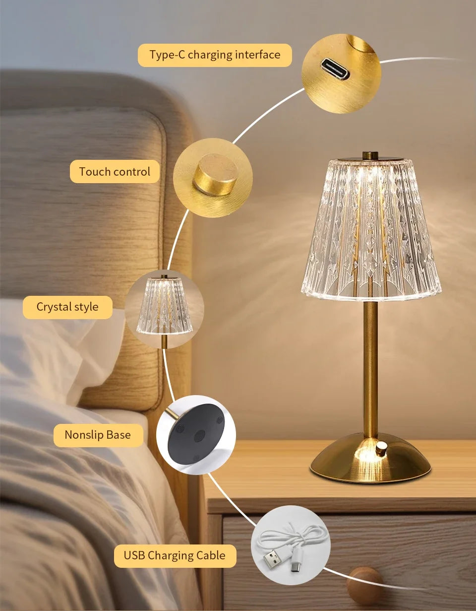 Table Lamp LED Touch Sensor  Dimmable Desktop Night Light Rechargeable Wireless Reading Lamp for Hotel Bar Bedroom Decor Light