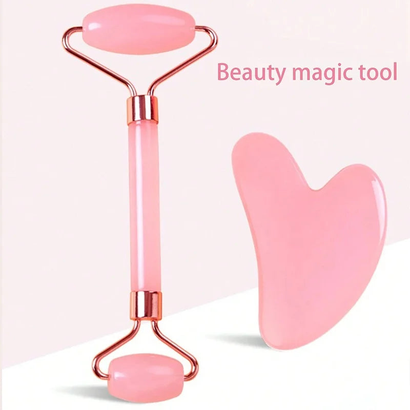 2pcs Facial Roller Scraping Board Set Facial Skincare Massager Kit Heart-shaped Gua Sha Board Salon Beauty Tool