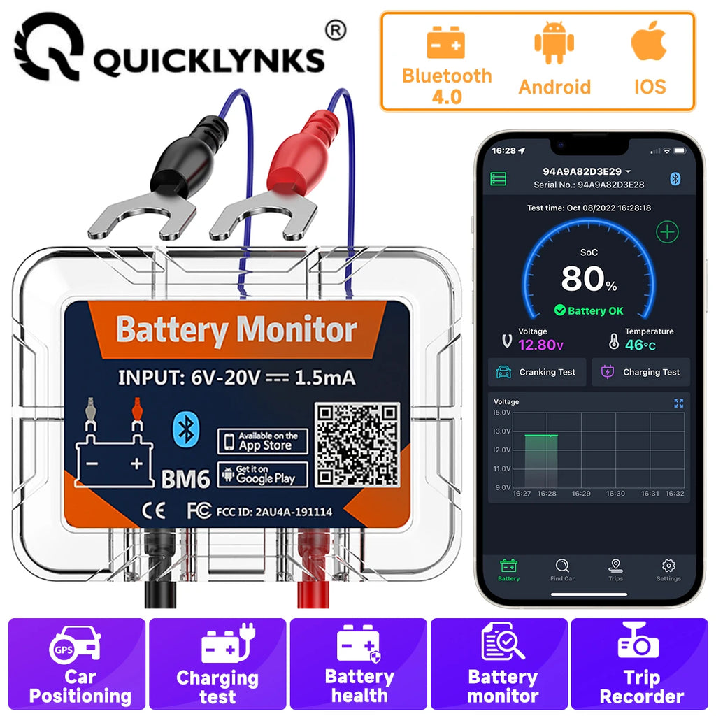 QUICKLYNKS BM6 Bluetooth 4.0 Car Battery Monitor 12V Battery Tester Charging Cranking Battery Analyzer APP for Android IOS