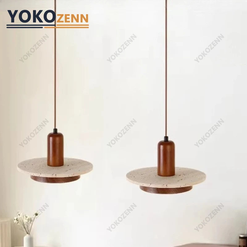 YOKO Wabi-Sabi Yellow Travertine Pendant Light, Japanese Cave Stone for Kitchen Island Restaurant Bedroom Bedside Home Decor