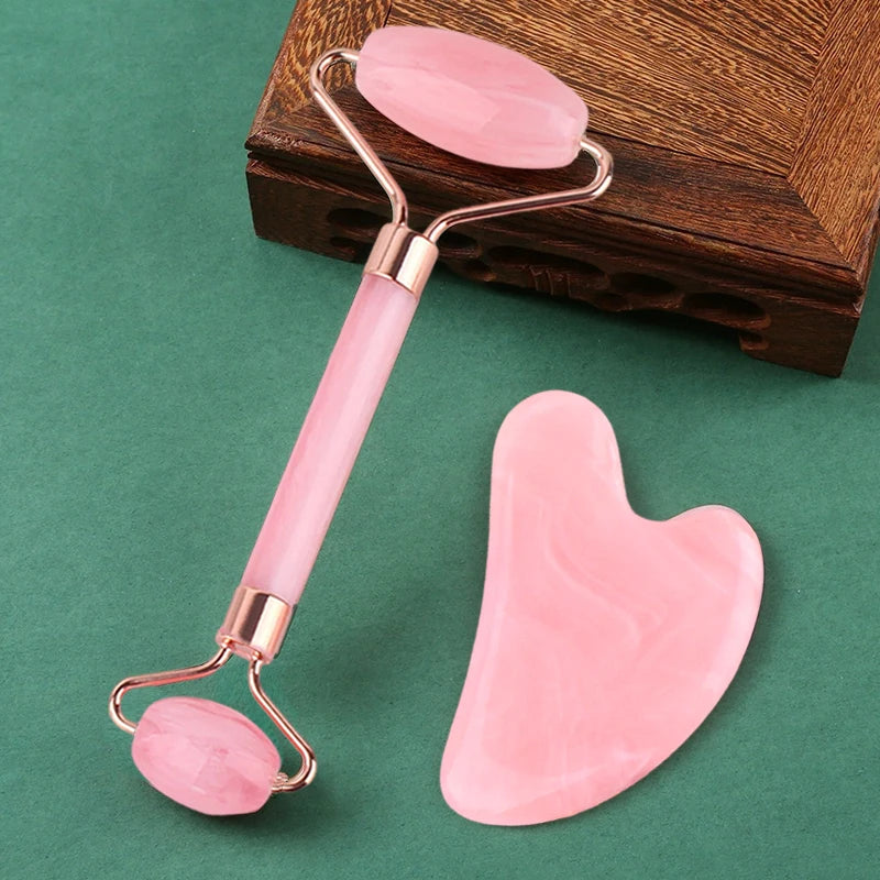 2pcs Facial Roller Scraping Board Set Facial Skincare Massager Kit Heart-shaped Gua Sha Board Salon Beauty Tool