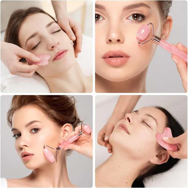 2pcs Facial Roller Scraping Board Set Facial Skincare Massager Kit Heart-shaped Gua Sha Board Salon Beauty Tool