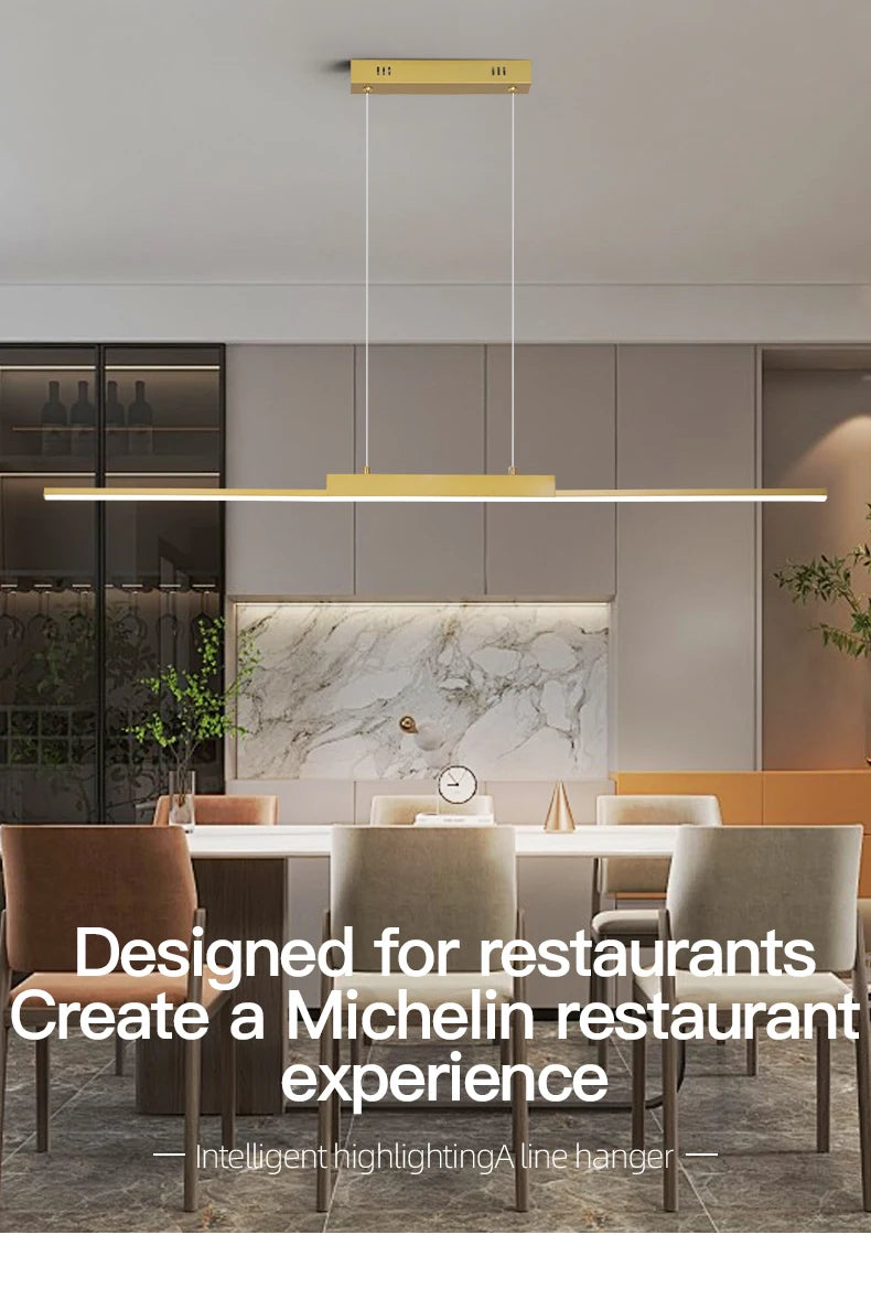 Modern Minimalist LED Pendant Light for Dining Room Adjustable Linear Chandelier in Gold Dimmable Hanging Lamp Fixture for Home