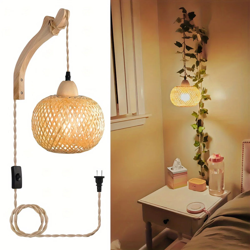 JOYINLED Bamboo Light Plug-In Wall Lamp Wicker with American Plug-In Cord Hand-Woven Rattan Wall Lamp Wall Lamp for Living Room