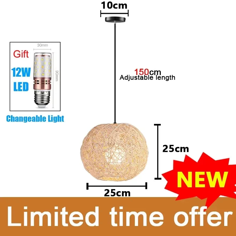 Bamboo Hand Weaving Pendant Lights 38cm Hanging LED Ceiling Lamp Chandelier Fixture Rattan Hand Craft Woven Home Bedr...