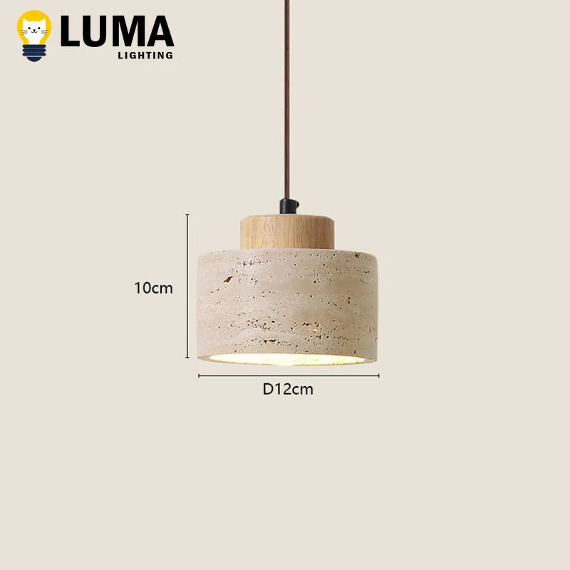 Japanese Wabi-Sabi Stone Pendant Light, LED Yellow Travertine Hanging Lamp for Bedroom Bedside Kitchen Island Dining Room Decor