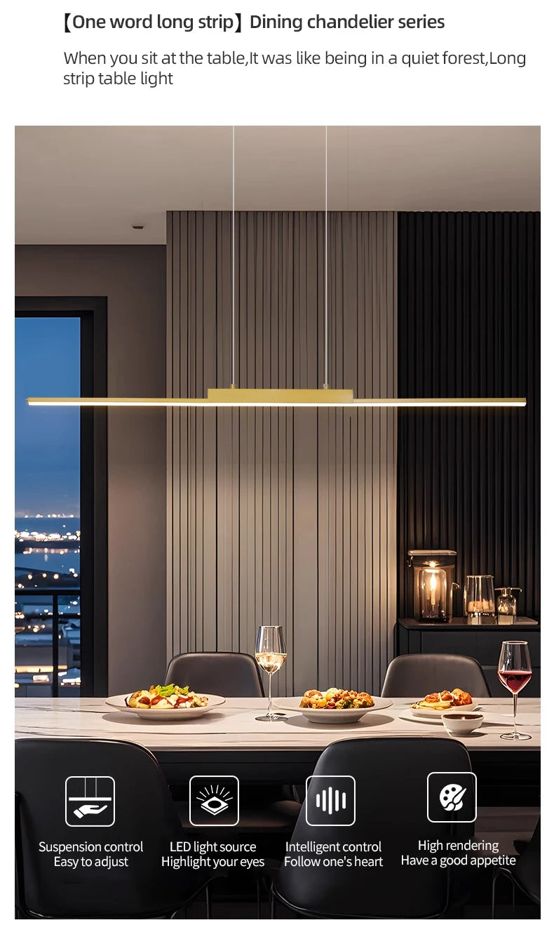 Modern Minimalist LED Pendant Light for Dining Room Adjustable Linear Chandelier in Gold Dimmable Hanging Lamp Fixture for Home