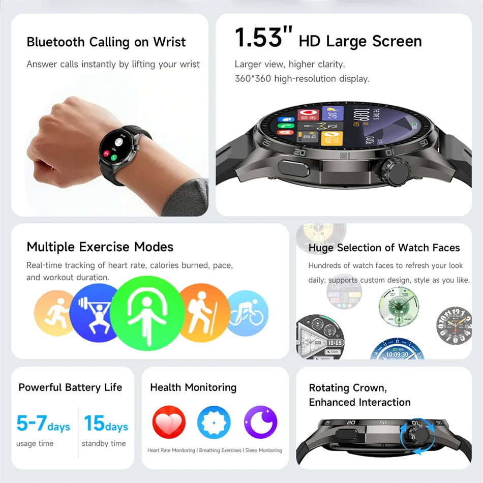 2026 New Bluetooth Call Smart Watch Men 1.53-inch AMOLED HD Screen Sports IP68 Waterproof Heart Rate Smartwatch Watch 6 Pro