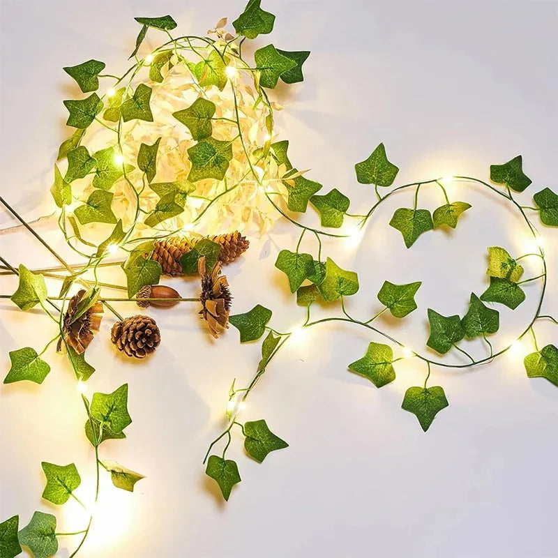 2/10M Silk Leaves Fake Creeper Green Leaf Ivy LED String Lights Home Decor Hanging Garland Artifi...