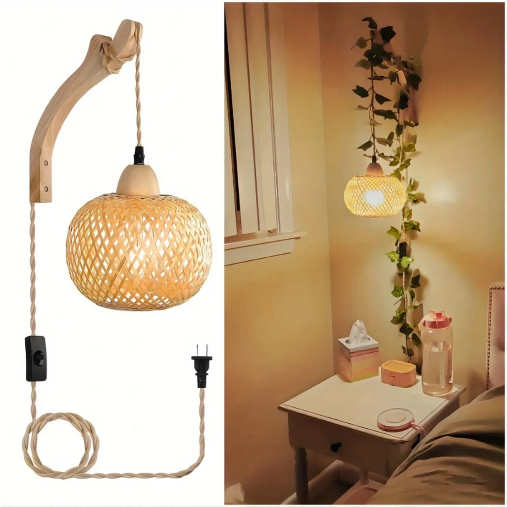 JOYINLED Bamboo Light Plug-In Wall Lamp Wicker with American Plug-In Cord Hand-Woven Rattan Wall Lamp Wall Lamp for Living Room