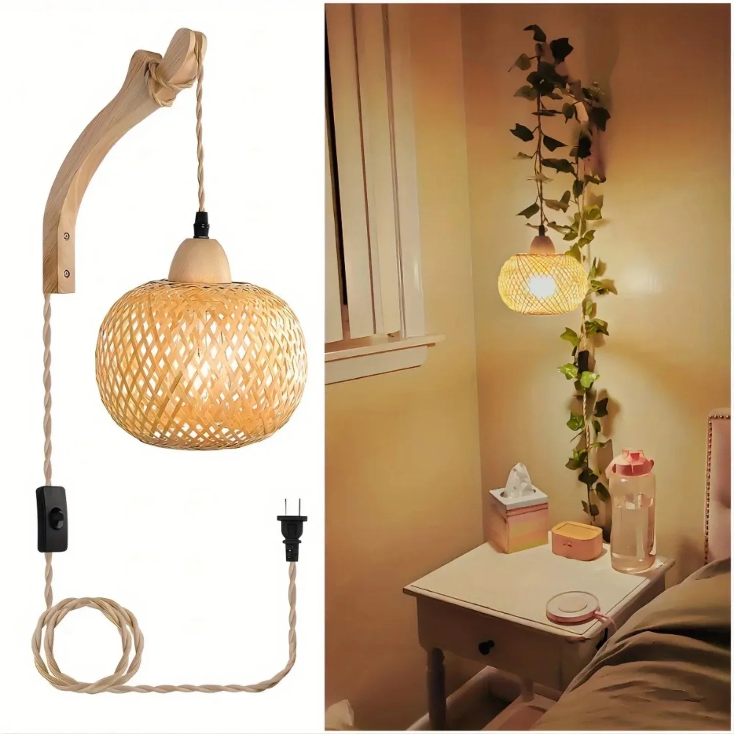 JOYINLED Bamboo Light Plug-In Wall Lamp Wicker with American Plug-In Cord Hand-Woven Rattan Wall Lamp Wall Lamp for Living Room