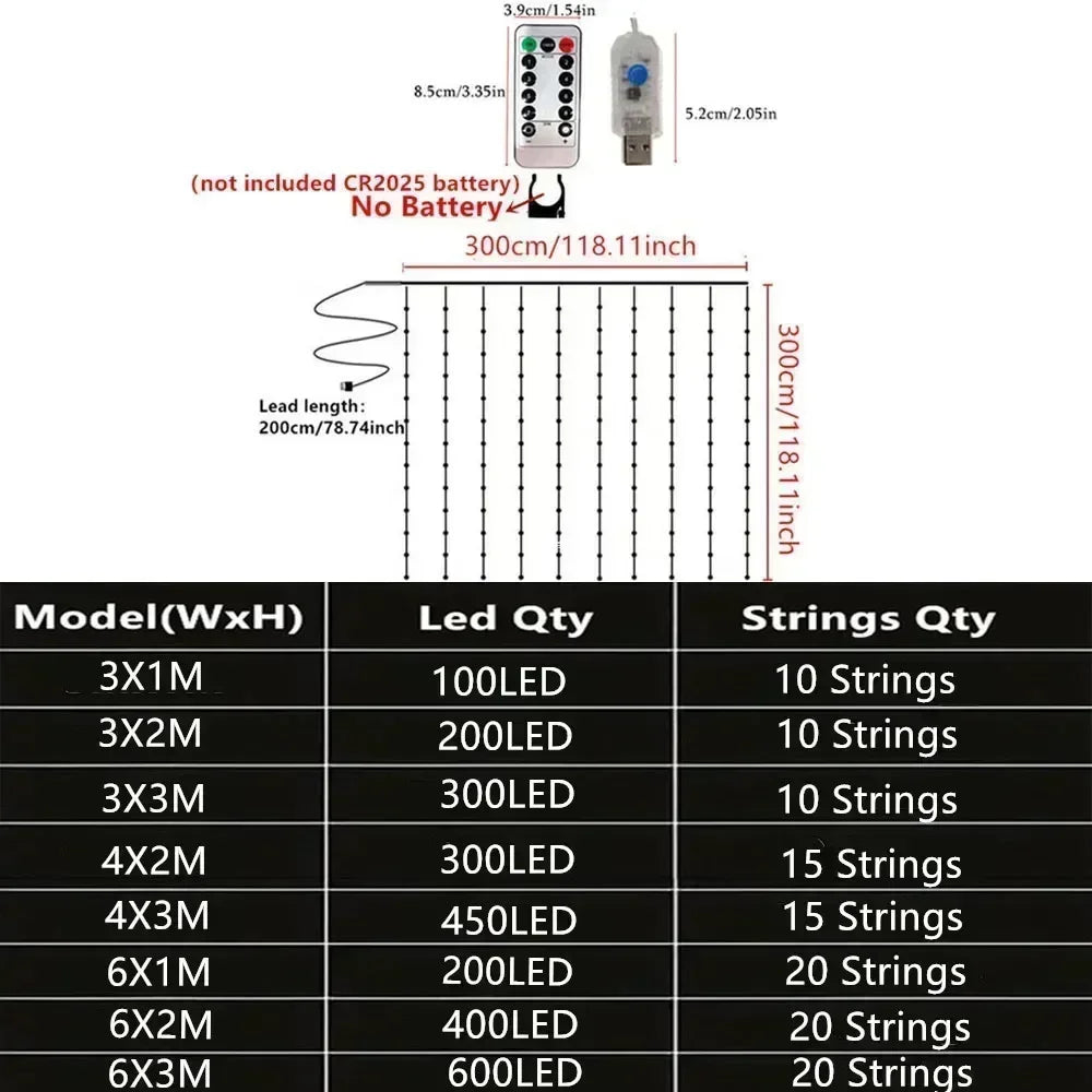USB Curtain String LampParty Birthday Wall Decoration Garland Wedding Fairy Light 3/6M LED 8 Mode...