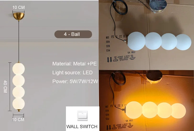 Bedside Pendant Lights for Bedroom Nordic 4 Ball Pendant Lamp for TV Background Kitchen Island Restaurant Dinning Roo...