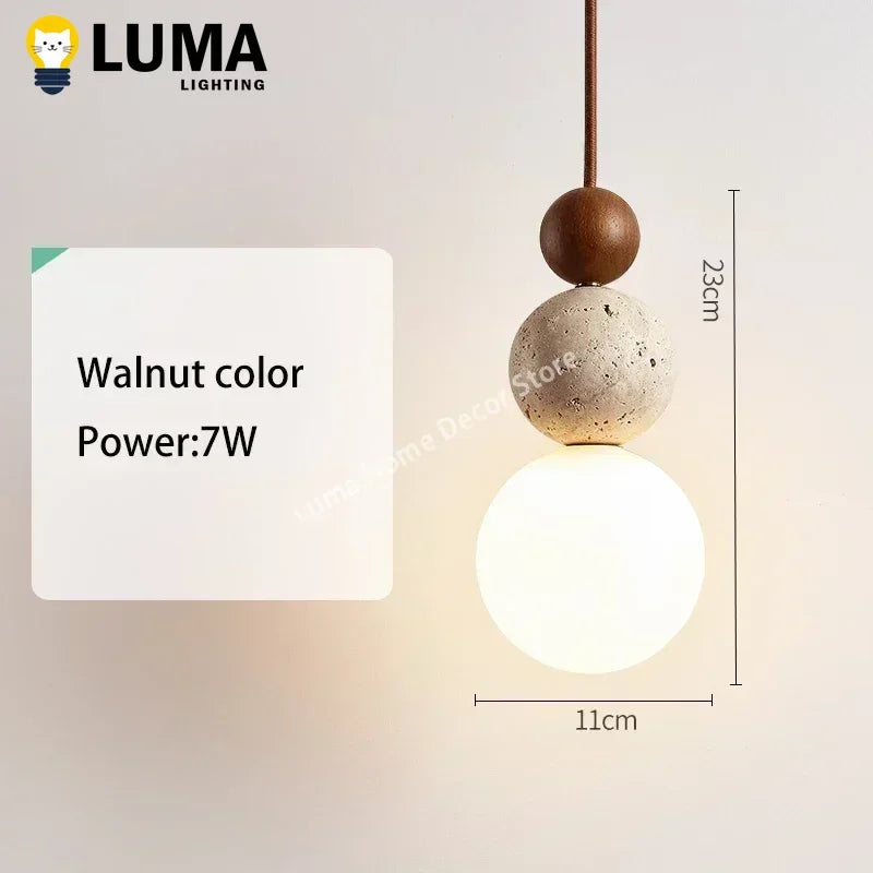 Luma Cream Style Yellow Travertine Pendant Lights, Nature Stone Wood Hanging Lamps for Bedroom Bedside Restaurant Kitchen Island