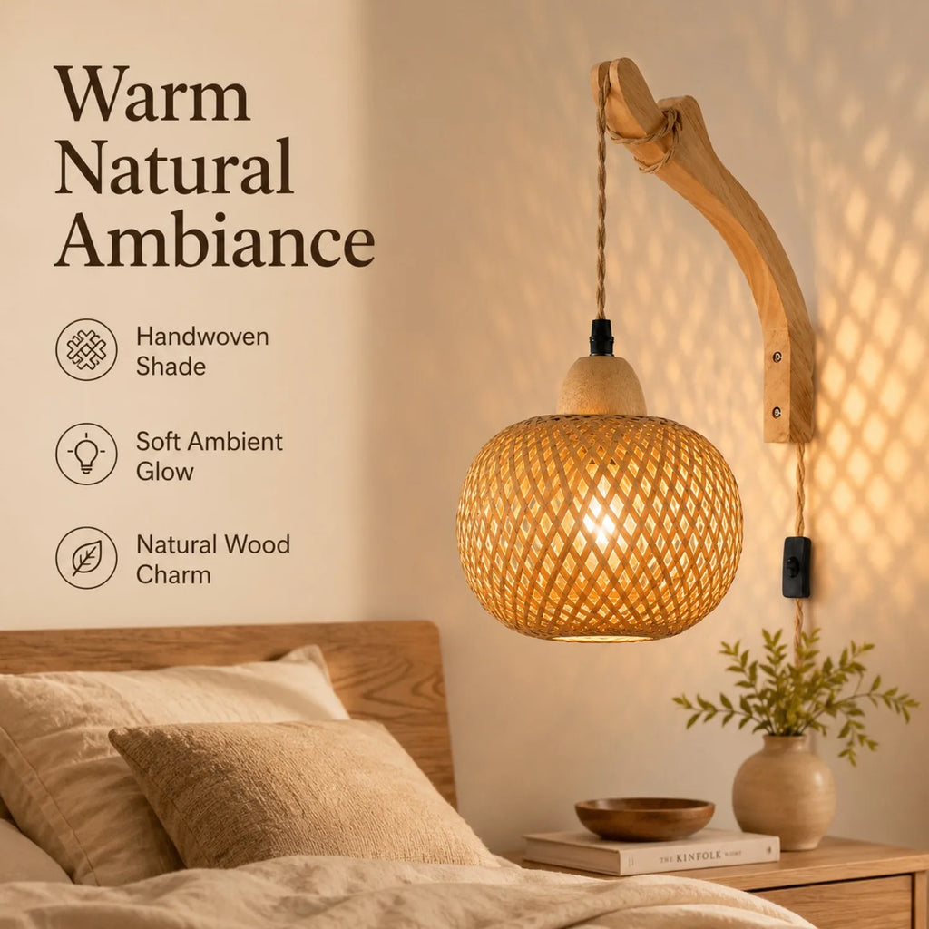 JOYINLED Bamboo Light Plug-In Wall Lamp Wicker with American Plug-In Cord Hand-Woven Rattan Wall Lamp Wall Lamp for Living Room