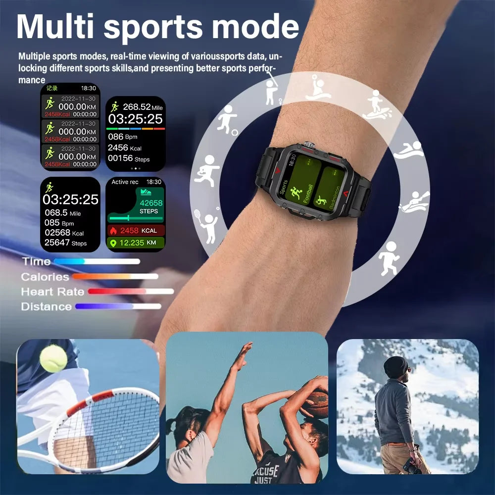 LAXASFIT New Outdoor Military Smartwatch Bluetooth Talking Smartwatch 1.73 Inch LED Sports Fitness Watch